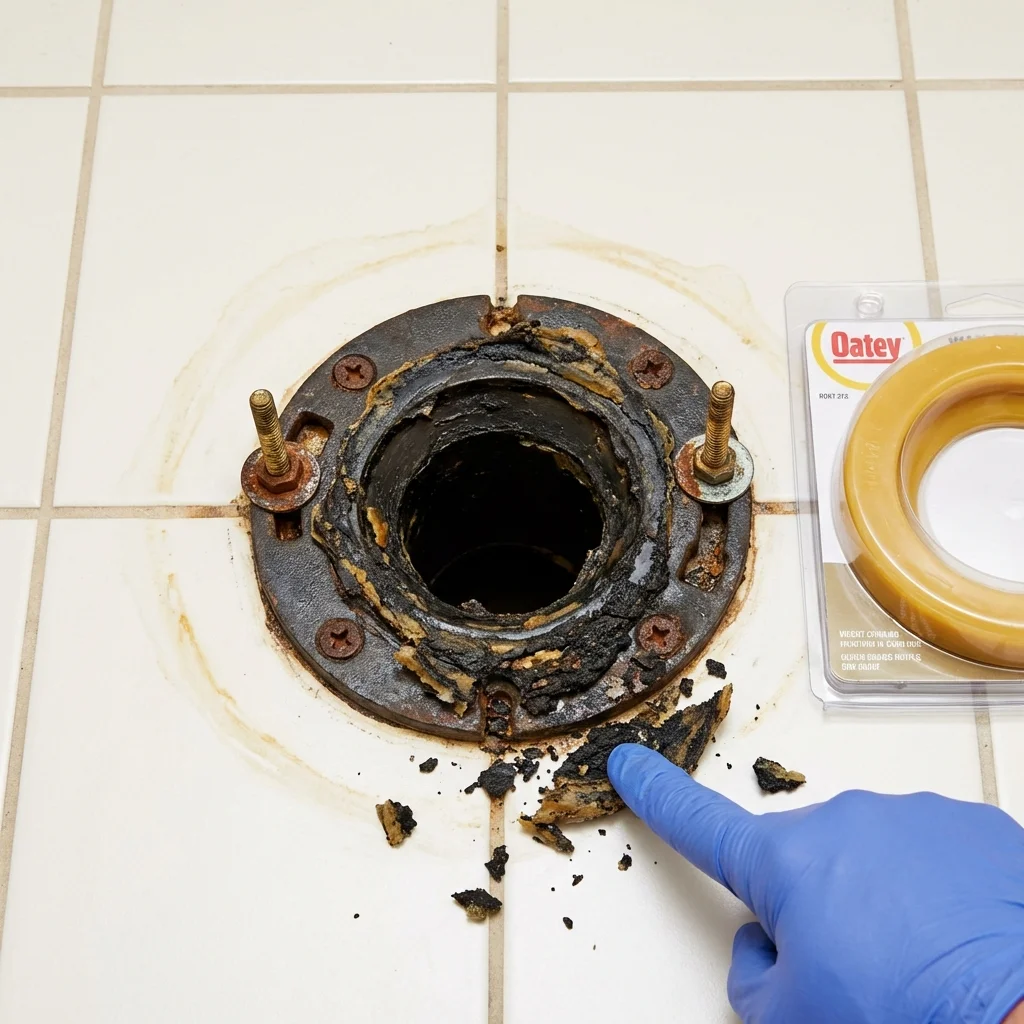 Failed wax ring showing water seepage at the base of a toilet in a Sidney, NY home