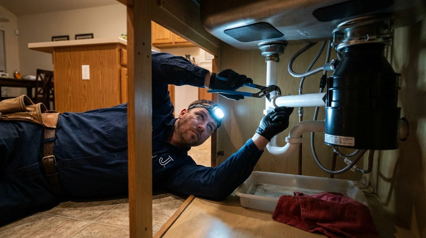 P-trap and supply line connections under a kitchen sink showing a common leak point in Sidney, NY